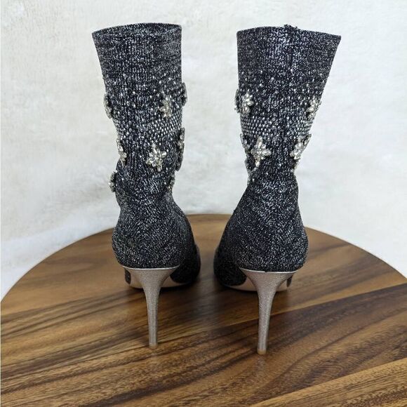 Badgley Mischka Viva Peep Toe Sock Bootie Heels Women’s Size 6.5 Black Silver - Picture 5 of 15